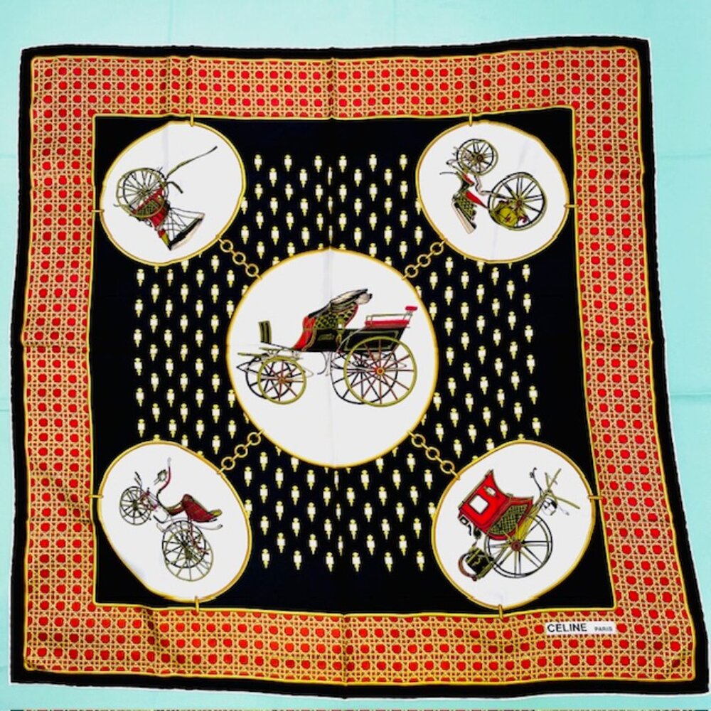 CELINE Paris 100% Silk Satin Scarf 34" beige black gold carriage France  Made(60 - Picture 11 of 14